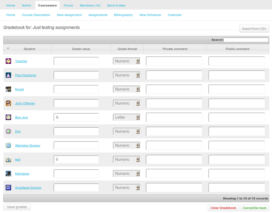 Gradebook Screen